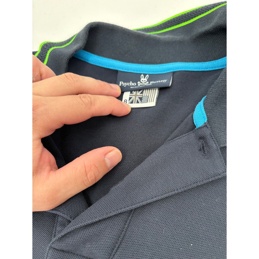 Psycho Bunny Mens Navy Blue Polo Shirt Neon Green Trim Embroidered Logo Size 8 - Picture 3 of 6